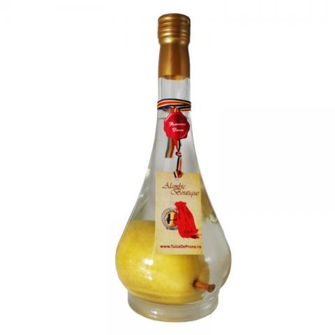 Sticla para in saculet iuta cu rachiu fructe Sticla para in saculet iuta cu rachiu fructe